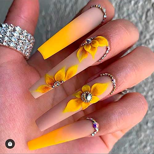 Gorgeous matte long coffin yellow ombre nails 2021 with sunflowers and rhinestones!