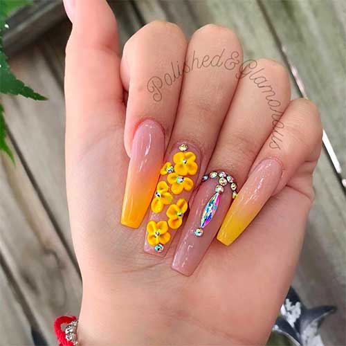 Gorgeous yellow ombre coffin nails long with rhinestones and 3d yellow flowers on accent nail