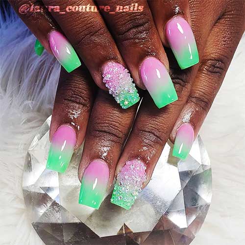 Lime Green and Pink Ombre Nails Squared Shaped Set with Accent Sugar Glitter Nail On Dark Skin Lime Green and Pink Ombre Nails Squared Shaped Set with Accent Sugar Glitter Nail On Dark Skin