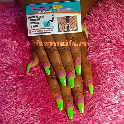 Lime green and pink ombre coffin nails long set