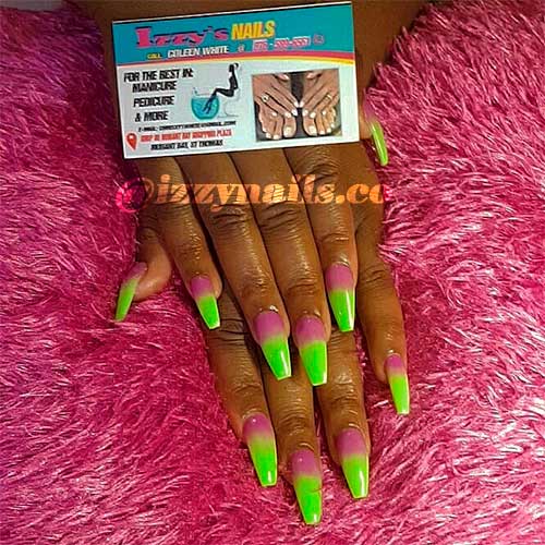 Lime green and pink ombre coffin nails long set Lime green and pink ombre coffin nails long set