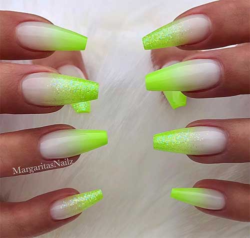 Lime green and white ombre nails coffin shaped set with glitter on two accent nails tips