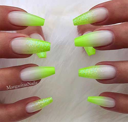 Lime green and white ombre nails coffin shaped set with glitter on two accent nails tips Lime green and white ombre nails coffin shaped set with glitter on two accent nails tips