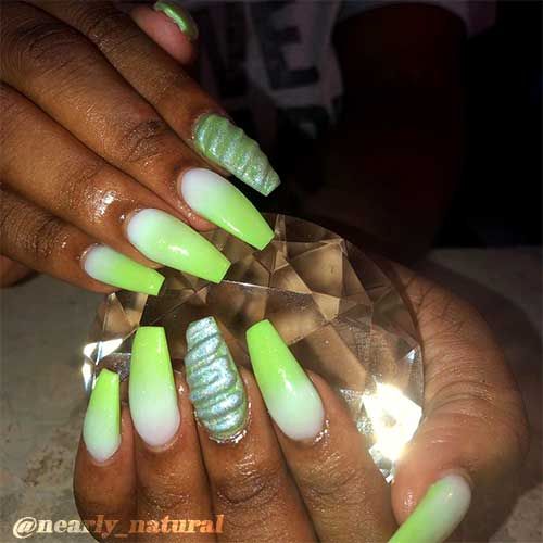Lime green and white ombre nails coffin shaped set with holographic unicorn accent nail