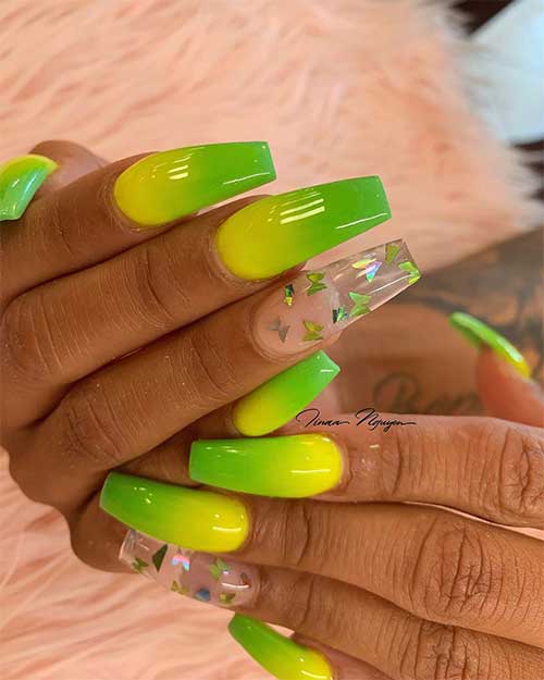 Lime green and yellow ombre nails coffin shaped long set with accent clear nail with butterfly glitter
