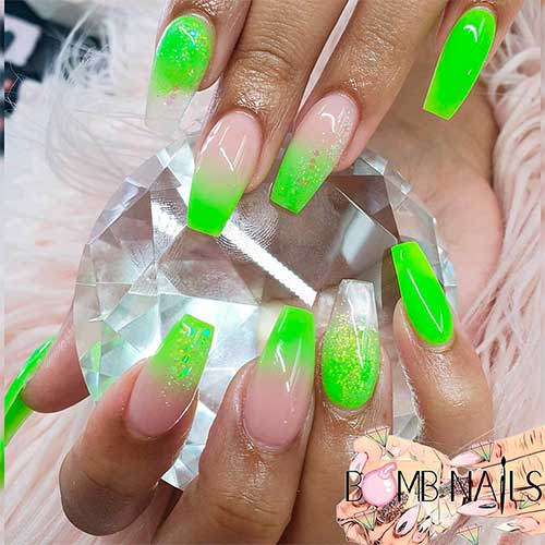 Lime green ombre coffin nails with glitter and accent lime green coffin nail