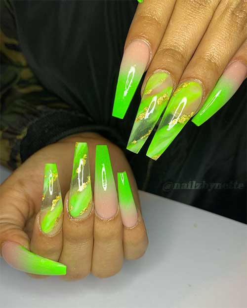 Lime green ombre coffin nails with two accent lime green marble nails adorned with gold foil