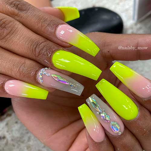Long lime green ombre nails coffin shaped with rhinestones