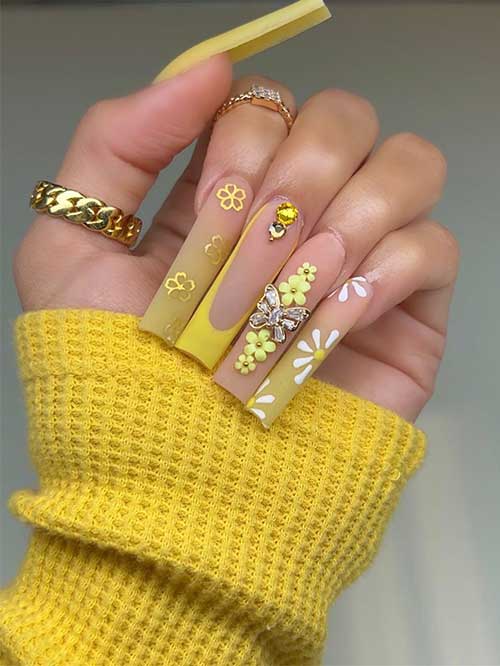 Long Square Shaped Matte Yellow Ombre Nails with Flowers