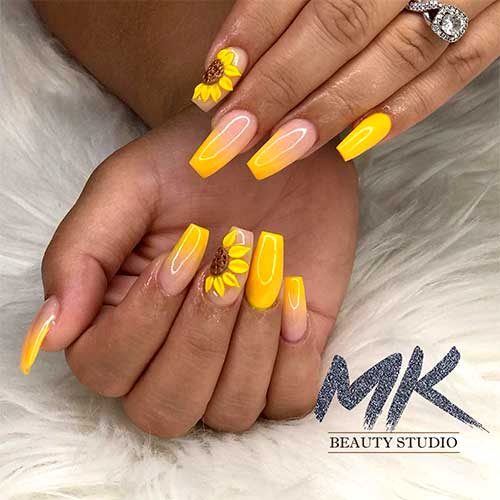 Long coffin shaped yellow ombre sunflower nails