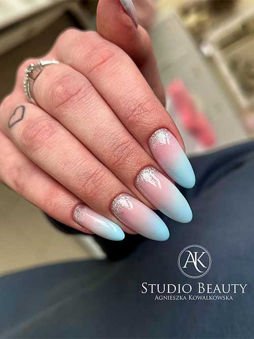 Long Light Pink and Blue Ombre Nails with Silver Glitter Above the Cuticles