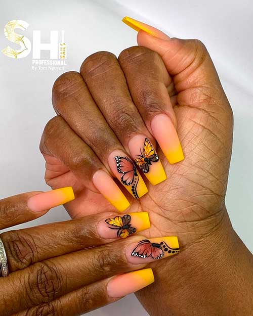 Matte Yellow Ombre Nails with Butterfly Nail Art