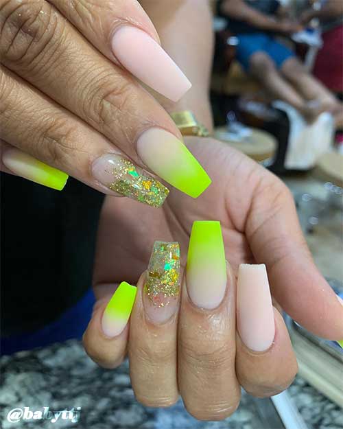 Matte neon lime green nails coffin shaped with glitter on accent clear nail and accent nude color nail