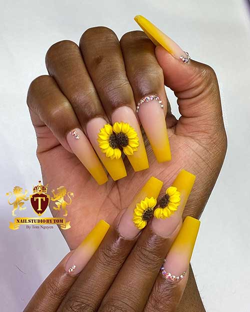 Matte yellow ombre sunflower nails 2020 coffin shaped with rhinestones design! Matte yellow ombre sunflower nails 2020 coffin shaped with rhinestones design!