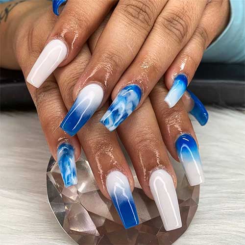 One of the best blue and white ombre nail designs with accent blue marble nail