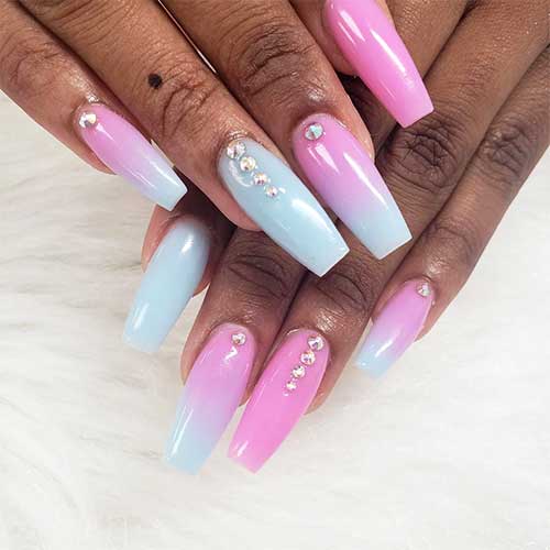 Pink and blue ombre nails coffin shaped with rhinestones