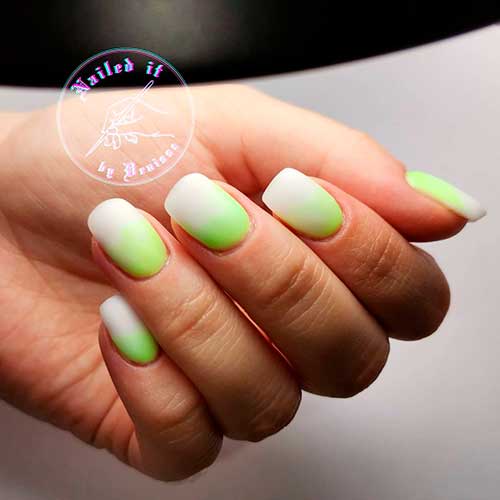 Short Lime Green and White Ombre Nails 2021 for summer time