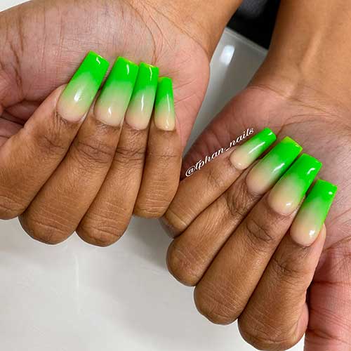 Long Square Lime Green Ombre Nails Idea for Summer Vacations