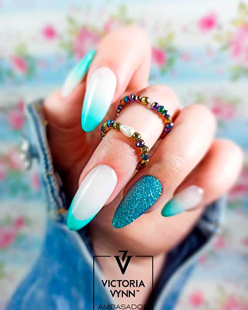 Long Almond Turquoise Mint Blue Ombre Nails with French and Glitter Accents