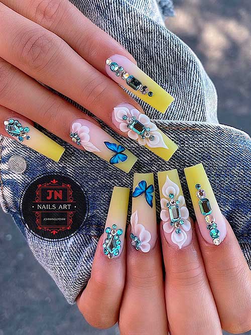 Long Coffin Shaped Matte Yellow Ombre Nails with Rhinestones and Butterflies for Spring and Summer times