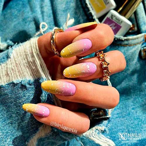 yellow and pink ombre nails 2021 with white touches