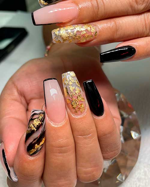 Black Coffin Nails with Gold Adorn Black Coffin Nails with Gold Adorn
