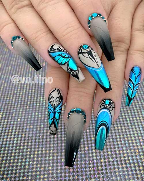 Black coffin ombre nails with rhinestones and blue chrome butterfly nails design Black coffin ombre nails with rhinestones and blue chrome butterfly nails design