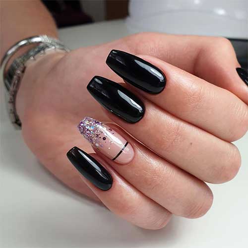 Black glossy coffin nails 2020 with accent nude coffin nails with glitter and black strip design
