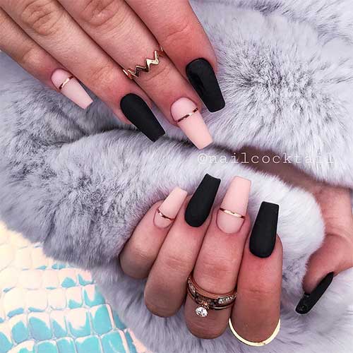 Black matte coffin acrylics 2020 with two accent nude nails matte with gold strip design