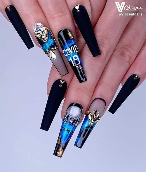 Black matte coffin nails with rhinestones and quarantine nails trend 2020