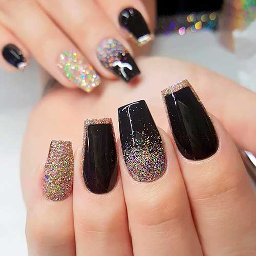 Cute black coffin nails with gold glitter design in 2020