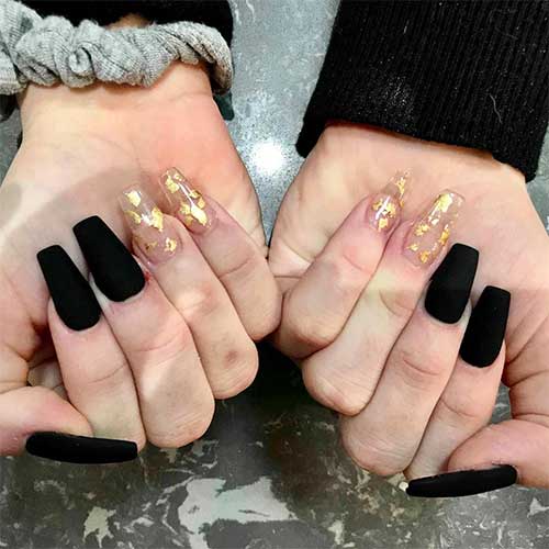 Cute black matte coffin nails with two accent gold foil clear nails design