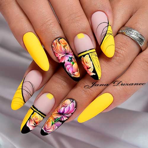 Cute matte summer hand painted flower design on yellow nails 2020 almond shaped!