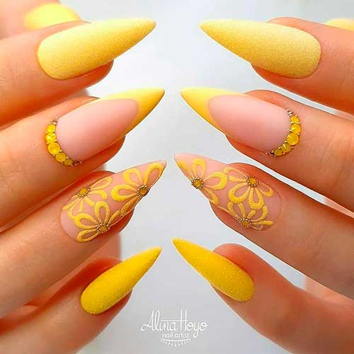 Cute matte yellow stiletto nails with rhinestones and French accent nail, bright yellow summer nails 2020 