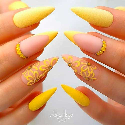 Cute matte yellow stiletto nails with rhinestones and French accent nail, bright yellow summer nails 2020 Cute matte yellow stiletto nails with rhinestones and French accent nail, bright yellow summer nails 2020