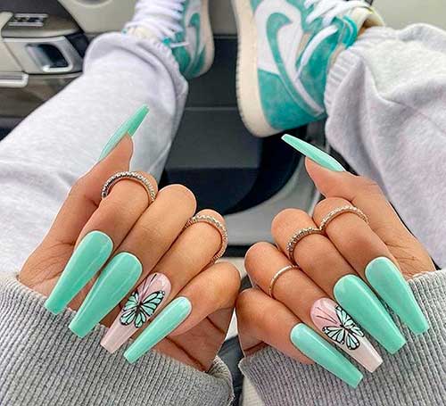 Cute mint green long coffin nails 2020 with accent butterfly coffin nail design for summer