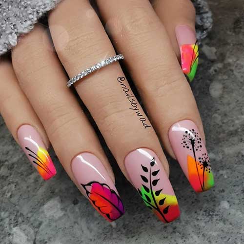Cute neon colored tips on nails 2020 coffin shaped design for summer season