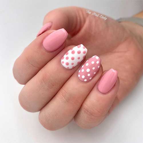 Cute pink coffin nails short with two accent polka dot coffin nails 2020