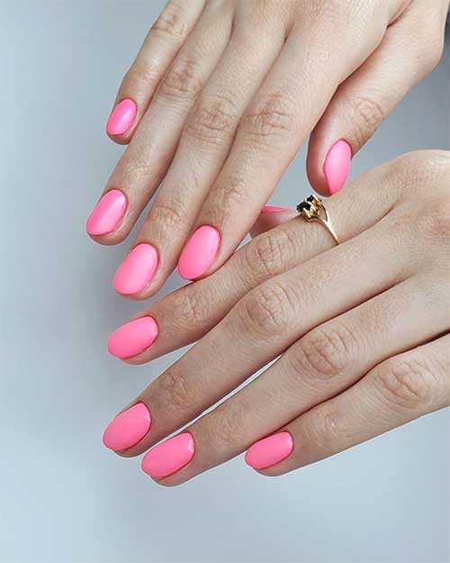 Cute short pink acrylic nails round matte hot pink set Cute short pink acrylic nails round matte hot pink set