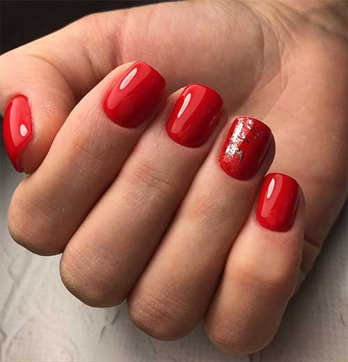 Cute short red acrylic nails square with silver foil on accent nail