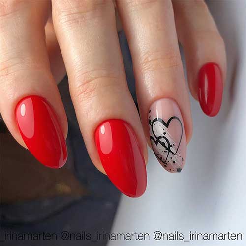 Cute short red almond nails with accent heart shaped nail design