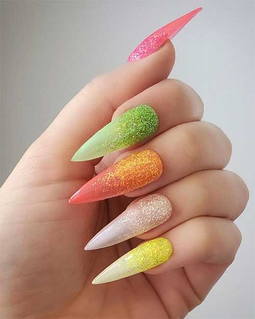 Cute summer colorful nails 2020, multi color stiletto nails with glitter design