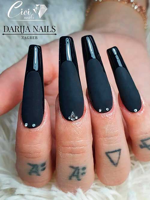 Glossy Coffin Black French Tips - Best Black Coffin Nails with Design Ideas