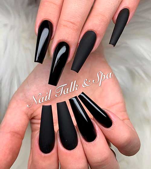 Glossy and Matte Black Coffin Nails