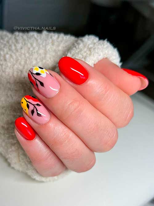Lovely Red Short Nails with Two Accent Nude Nails Adorned with Black Leaf Nail Art