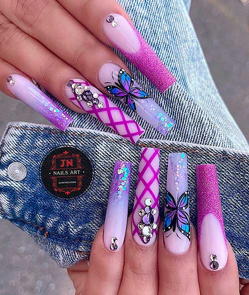 Long Coffin Purple Butterfly Glitter Nail Design with Rhinestones and French Accent