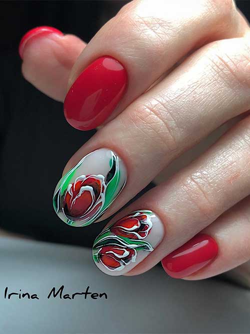 Short Romantic Red Nails with Red Flowers on Nude Accent Nails