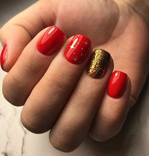 Short red square acrylic nails with gold glitter accent nail