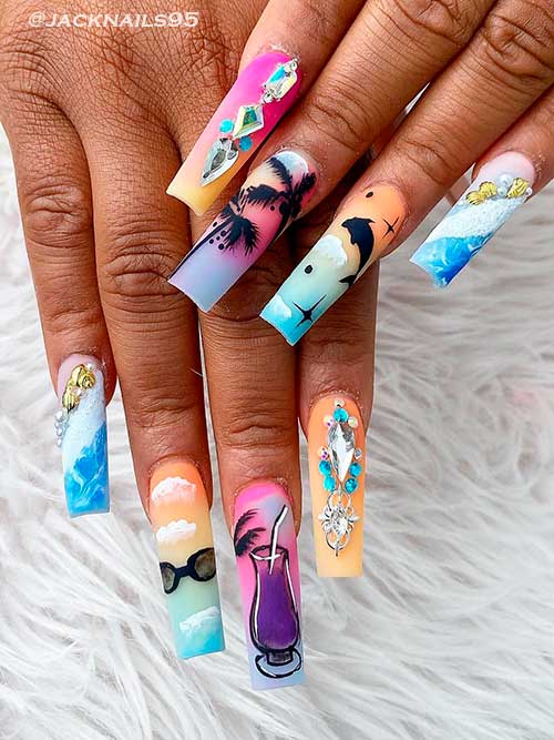 Long Square Shaped Matte Tropical Cute Summer Nails with Rhinestones