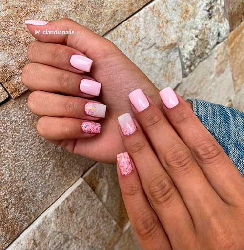 Unique Short Pink Nails with Glitter
